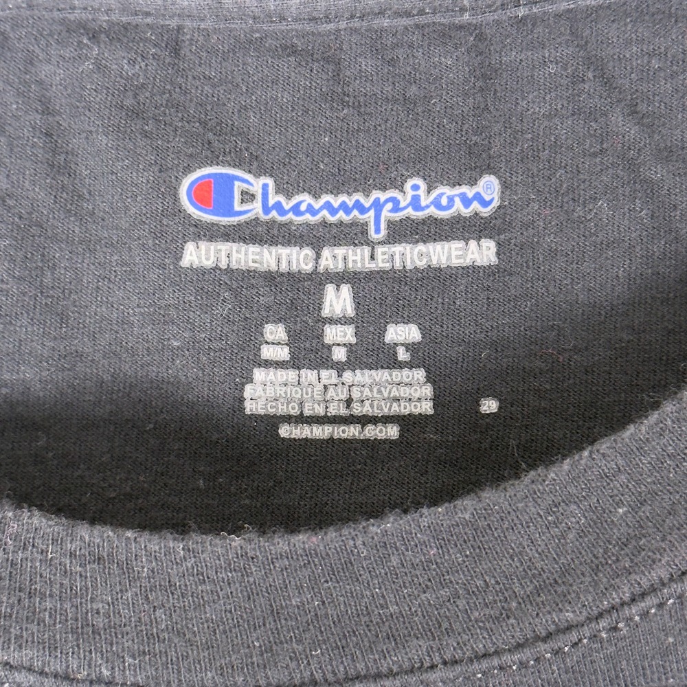 Champion Script Logo T-Shirt Black Mens M World Flags Spell Out Graphic Tee - Picture 4 of 6